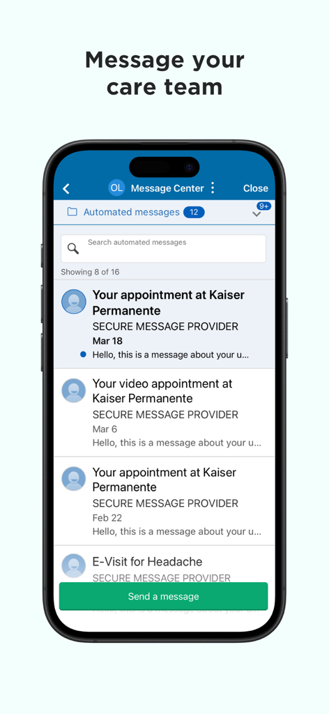 My Doctor Online (NCAL Only) - Messaging interface in the My Doctor Online app showing automated appointment messages and care team communications.