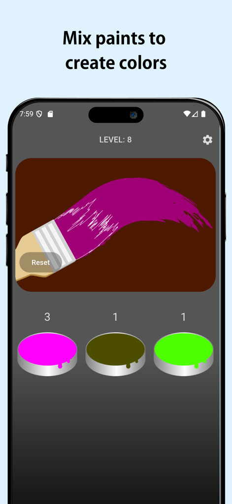 Una interfaz de aplicación móvil para Mixing Colors Lab mostrando un pincel creando una pincelada morada y tres botes de pintura en la parte inferior.