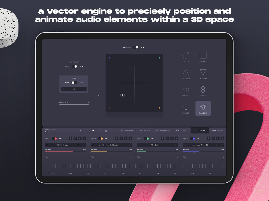 Soundbox - Instrument Platform - Soundbox iPad app interface showing the vector engine for spatial audio positioning