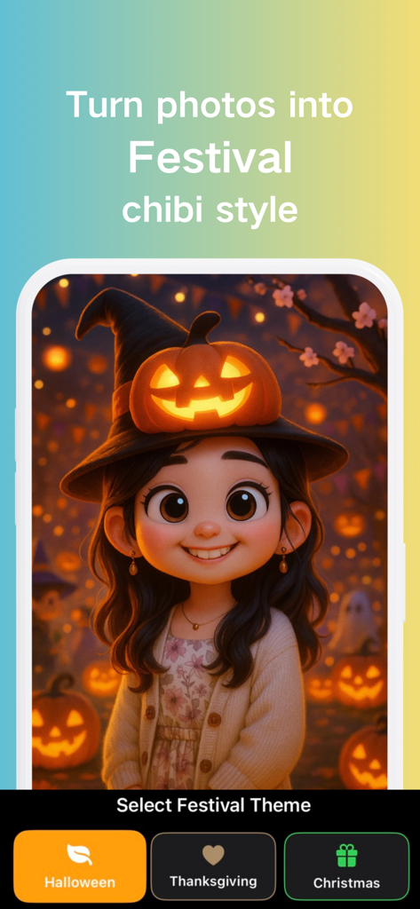 Chibi Maker :AI Avatar & Video - Interface do aplicativo Chibi Maker mostrando um avatar de IA com tema de Halloween e um chapéu de bruxa de abóbora