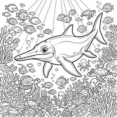 Embark on a prehistoric aquatic journey with this delightful Temnodontosaurus coloring page, perfectly capturing the spirit of a summer vacation. This vibrant scene features the ancient marine reptile swimming happily amidst a bustling coral reef teeming with diverse sea life.