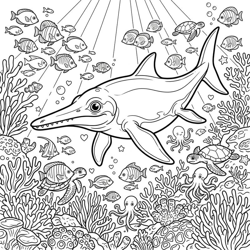 Embark on a prehistoric aquatic journey with this delightful Temnodontosaurus coloring page, perfectly capturing the spirit of a summer vacation. This vibrant scene features the ancient marine reptile swimming happily amidst a bustling coral reef teeming with diverse sea life.
