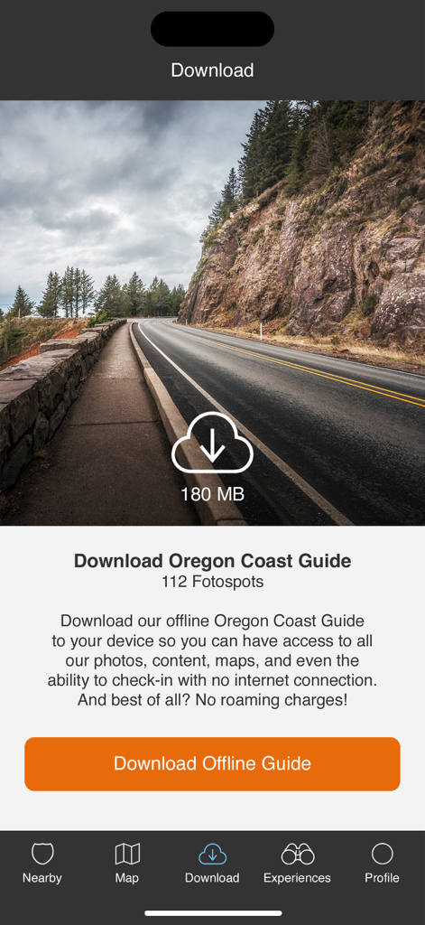 Oregon Coast Offline Guide - Interfaccia della Guida Offline della Costa dell'Oregon che mostra la schermata di download per mappe offline e punti fotografici