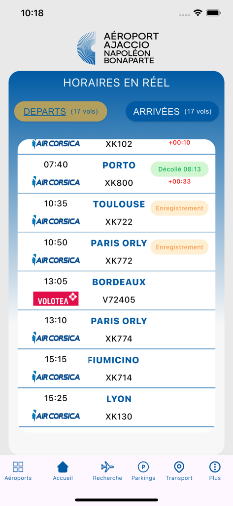 Aéroports de Corse - Real time flight departure board for Ajaccio Airport in the Aeroports de Corse app