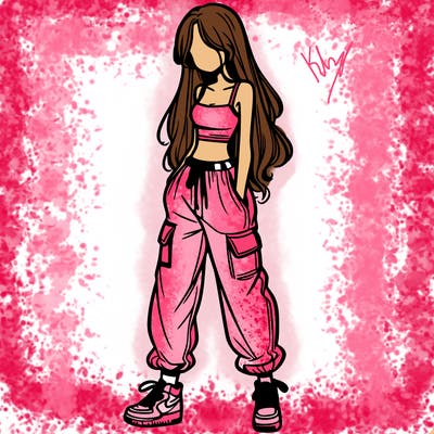 girl in baggy pants crop top and long hair