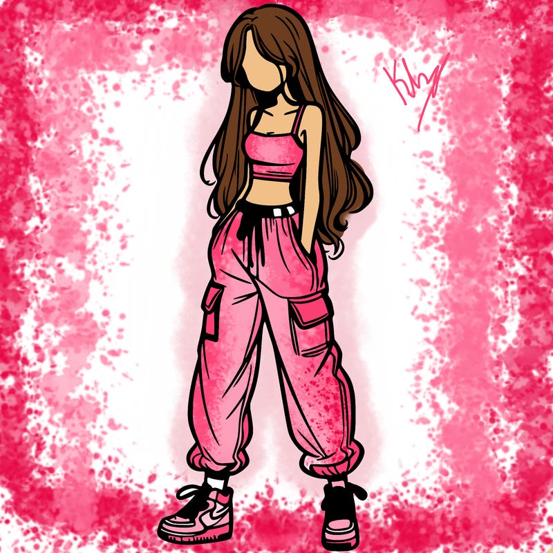 girl in baggy pants crop top and long hair