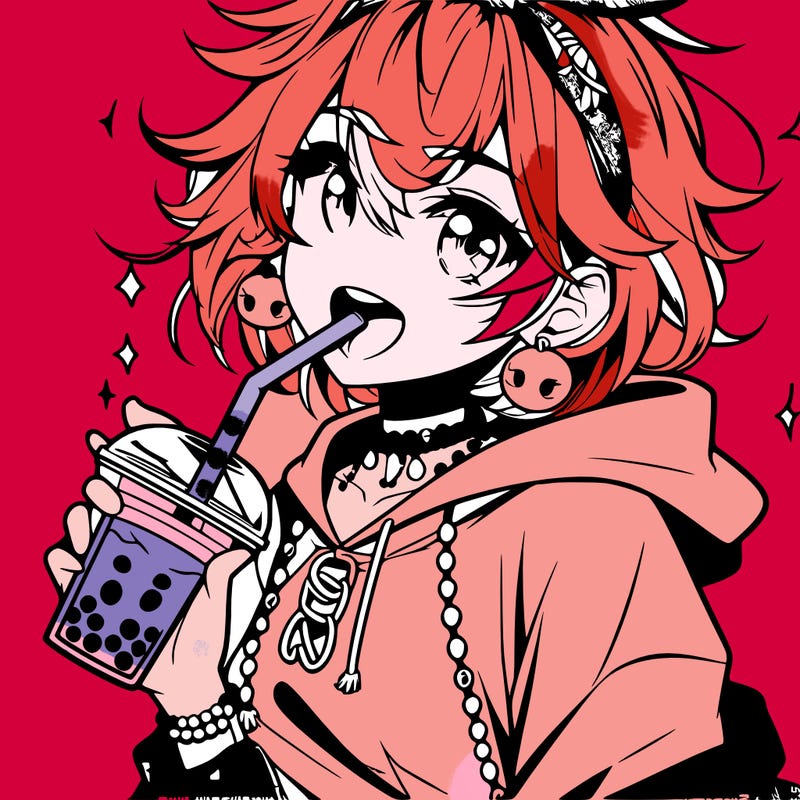 hot baddie anime girl drinking boba and biting the straw