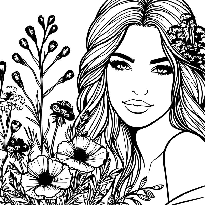 beautiful woman with realistic wildflowers