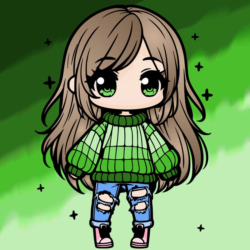 chibi girl with ripped jeans,long hair, and an oversized sweater