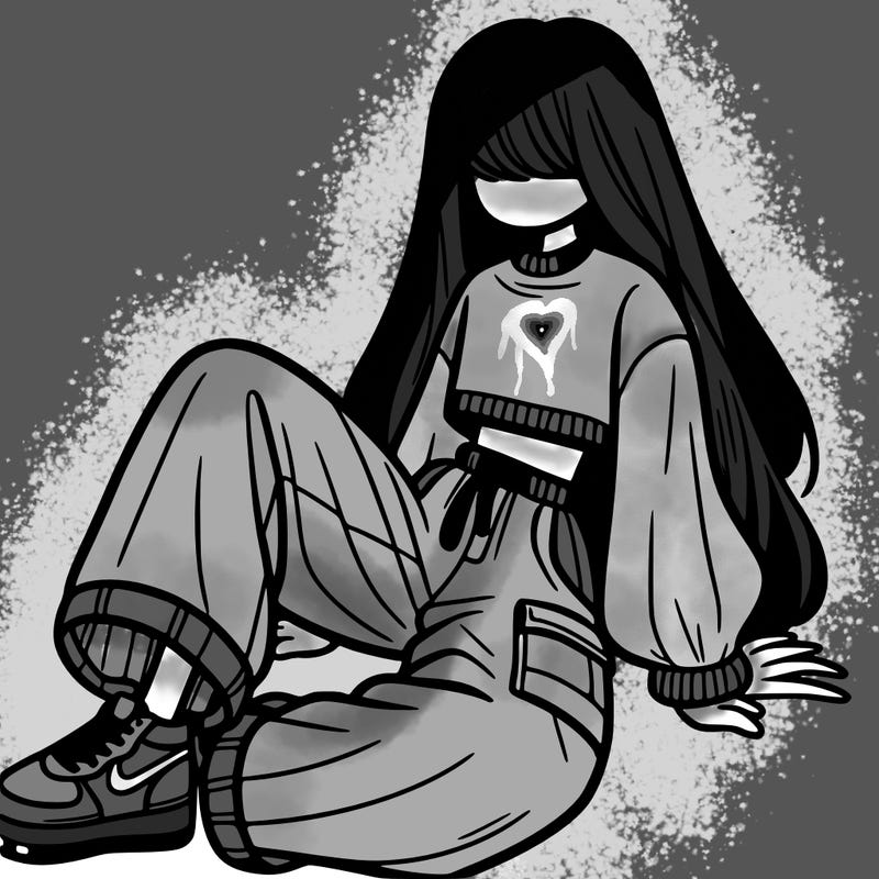 a girl with baggy pants and a crop top with long hair