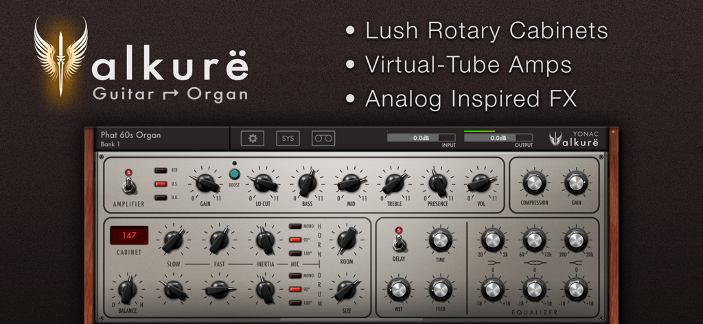 Valkure Guitar Organ - Interfaz de la aplicación Valkure Guitar Organ mostrando controles de amplificador y gabinete rotatorio