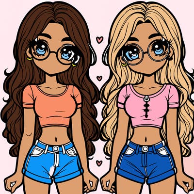 twin girls with long hair and wearing crock top and jeans and with cute glasses