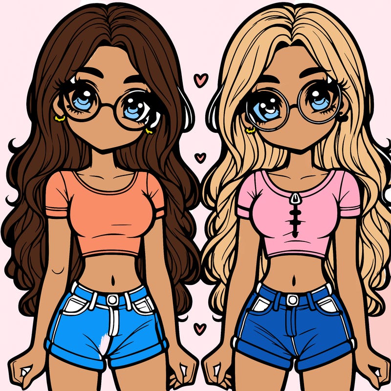 twin girls with long hair and wearing crock top and jeans and with cute glasses