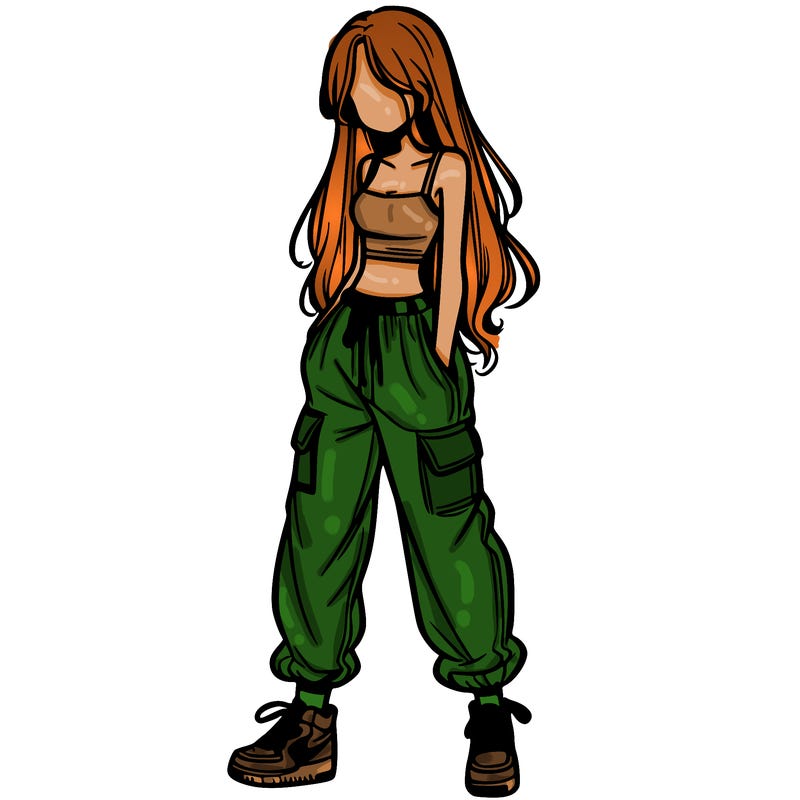 girl in baggy pants crop top and long hair