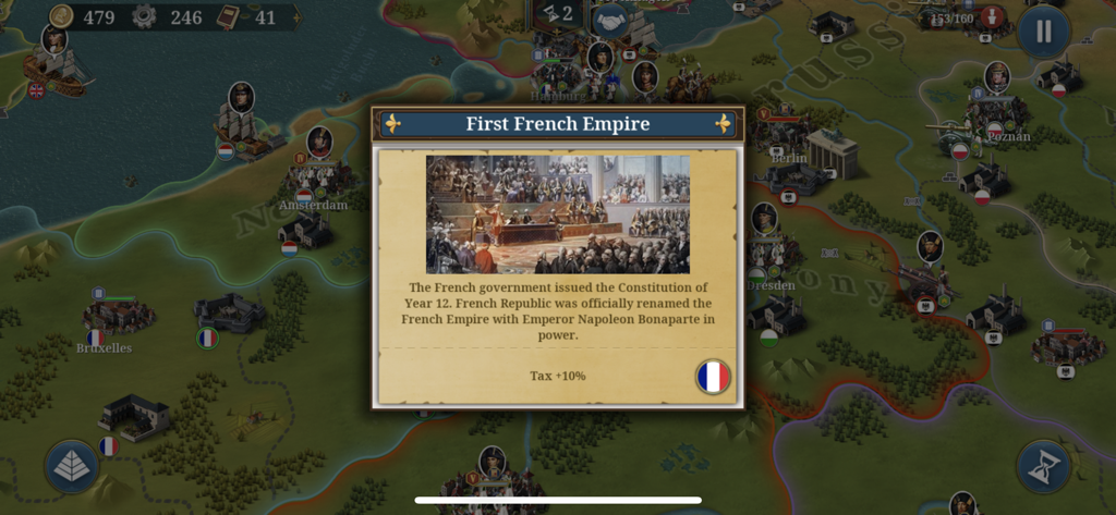 Gameplay screenshot of a historical event popup for the First French Empire in European War 6 1804