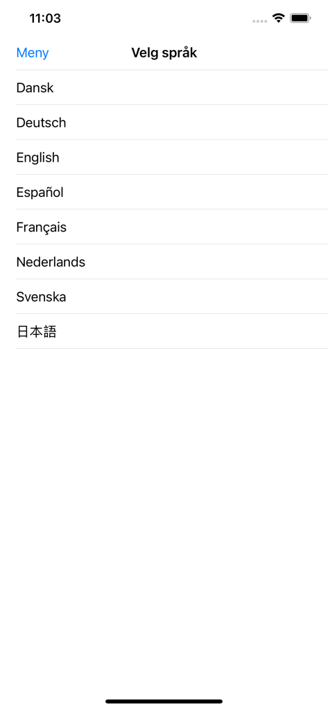 Sangboken - Language selection screen in the Sangboken app listing options like English and French