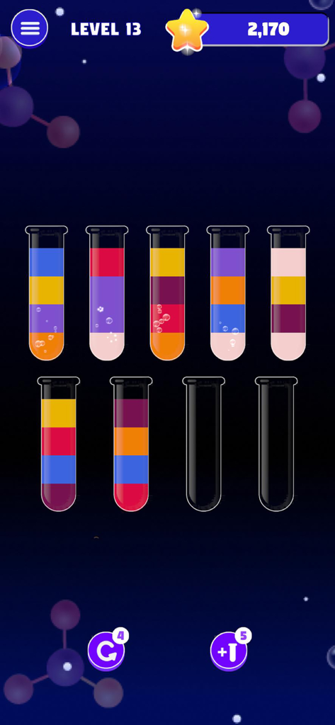 Water Sort: Color Master - Gameplay screenshot of Water Sort Color Master showing colorful liquids in test tubes to be sorted.