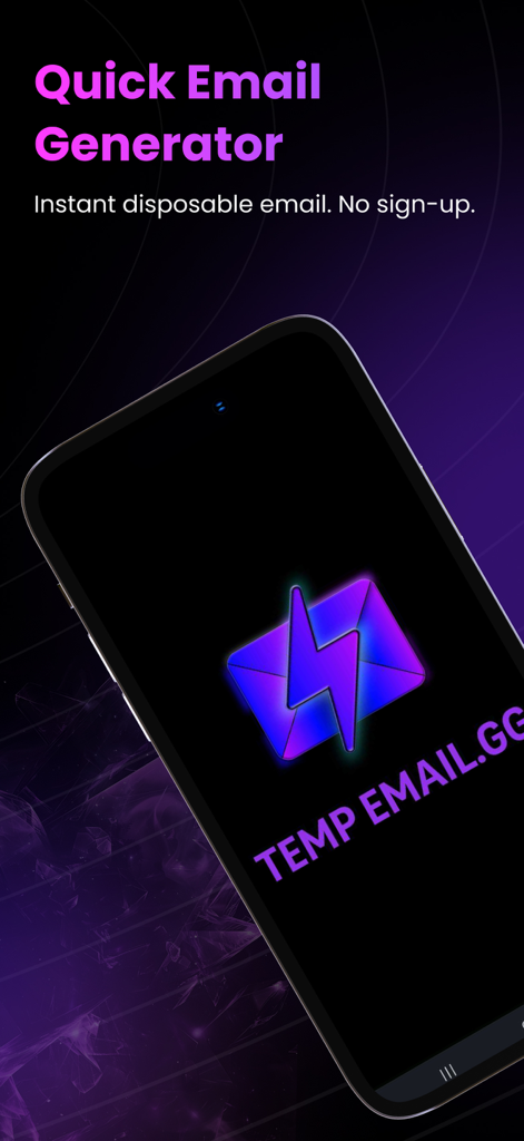Temp Mail GG app screen showing quick disposable email generator with no sign up required