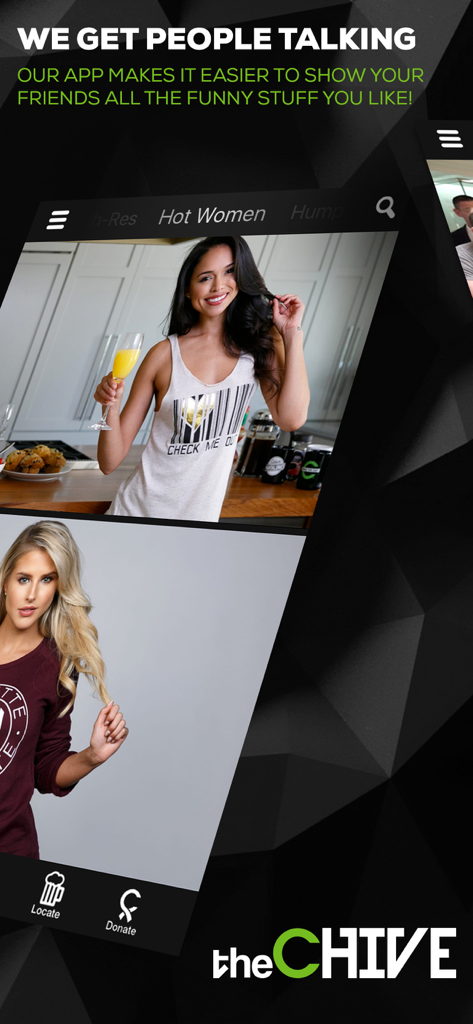 theCHIVE app mobile interface showing curated photo galleries and community donation features