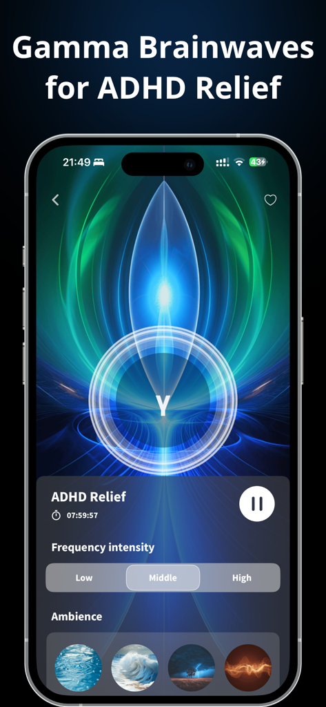 Binaural Beats Healing Sleep - Gamma brainwaves for ADHD relief interface in the Binaural Beats app