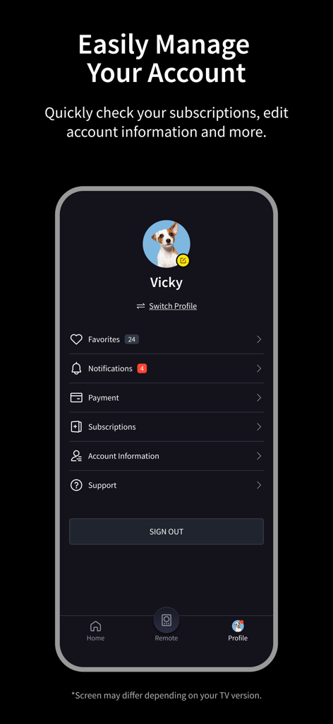 VIDAA - Benutzerprofilbildschirm der VIDAA Smart Remote App mit Kontoinformationen und Optionen zur Abonnementverwaltung.