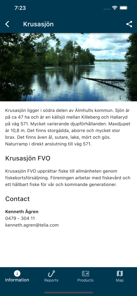 iFiske - Fishing Permits - A screenshot of the iFiske app showing details for the Krusasjon fishing area in Sweden
