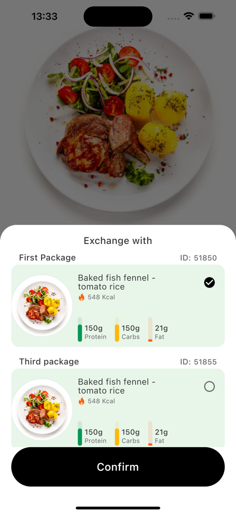 V-SHAPE app interface showing a meal exchange screen with nutritional facts and macro counts for a baked fish meal.
