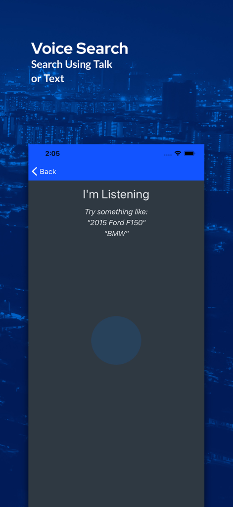 Copart - Online Auto Auctions - A screenshot of the Copart app voice search interface displaying an Im Listening prompt to search for cars and trucks by voice