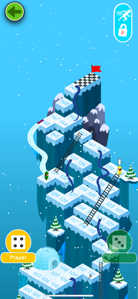 Snakes and Ladders 3D gameplay featuring a snowy mountain path with ladders