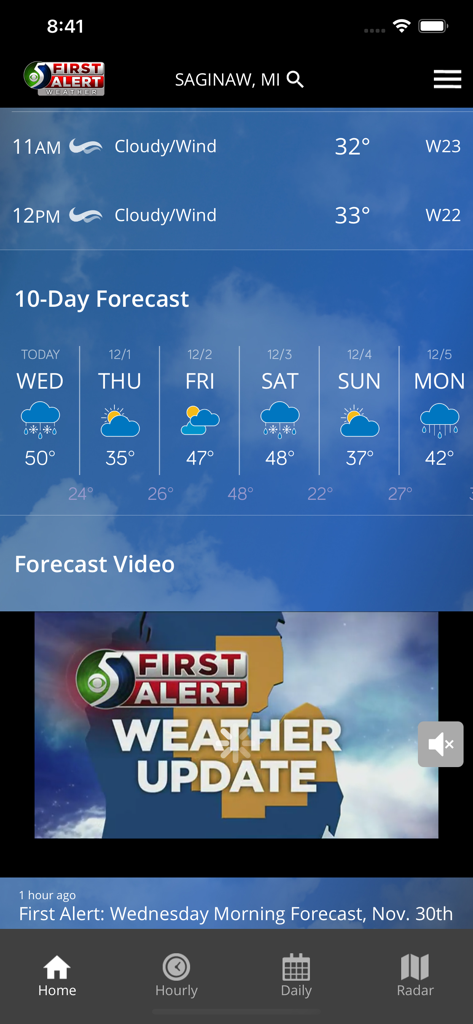 WNEM Weather - WNEM Weather app home screen with Saginaw Michigan 10 day forecast and video update