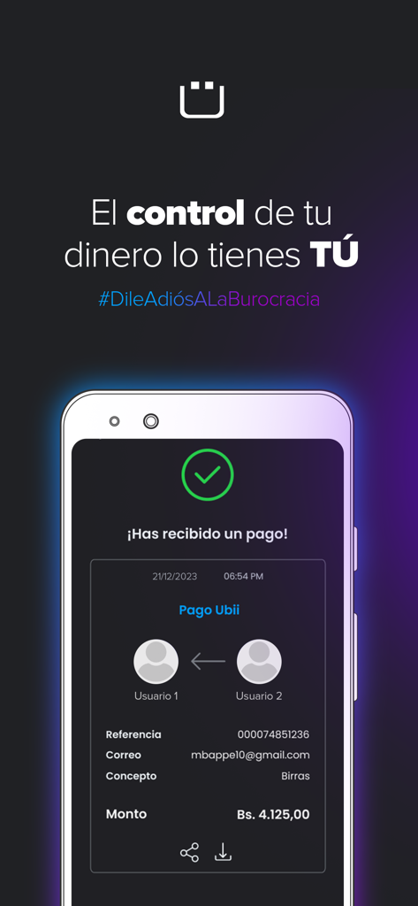 Ub app - Interfaz móvil de la app Ub mostrando una confirmación de pago digital exitosa.