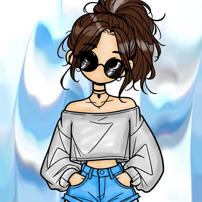 girl with a messy ponytail glasses a baggy crop top and jean shorts