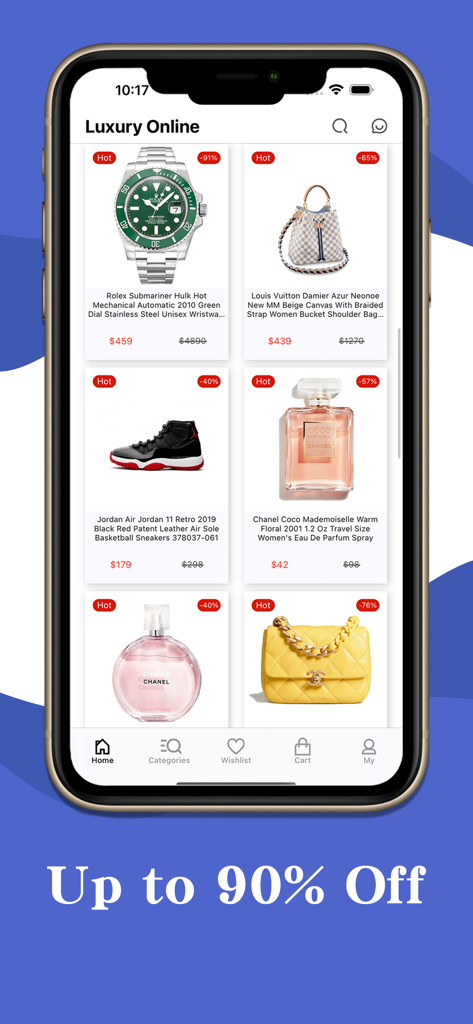 ラグジュアリーオンラインアプリのモバイルインターフェース。割引されたデザイナーウォッチ、ハンドバッグ、香水が表示され、最大91%オフのラベルが付いています。