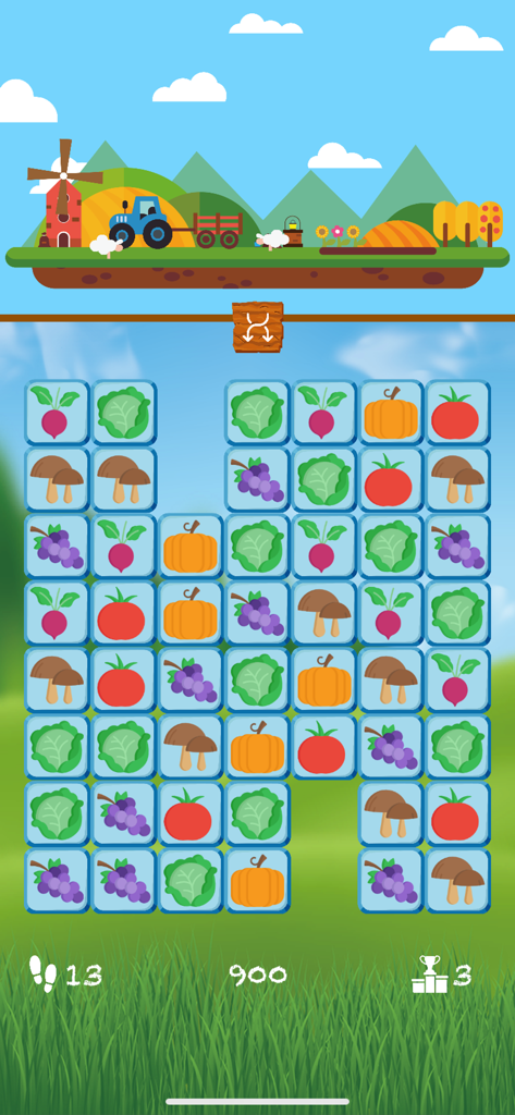 Mama's Farm: Tile Match Game - Gameplay screen of Mamas Farm showing vegetable tiles on a puzzle board with a farmhouse landscape at the top