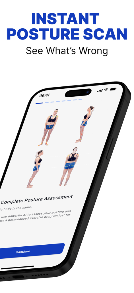 Postureletics Back Pain Relief - Smartphone screen showing an AI powered 360 degree posture assessment on the Postureletics app