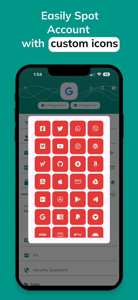 DroidPass Password Manager - A smartphone display showing a grid of popular brand icons available for personalizing and organizing accounts within the DroidPass Password Manager app.