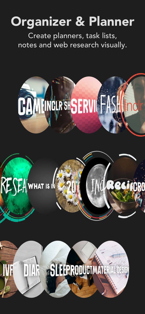 Inclr app interface showing circular information clusters for visual planning and organization