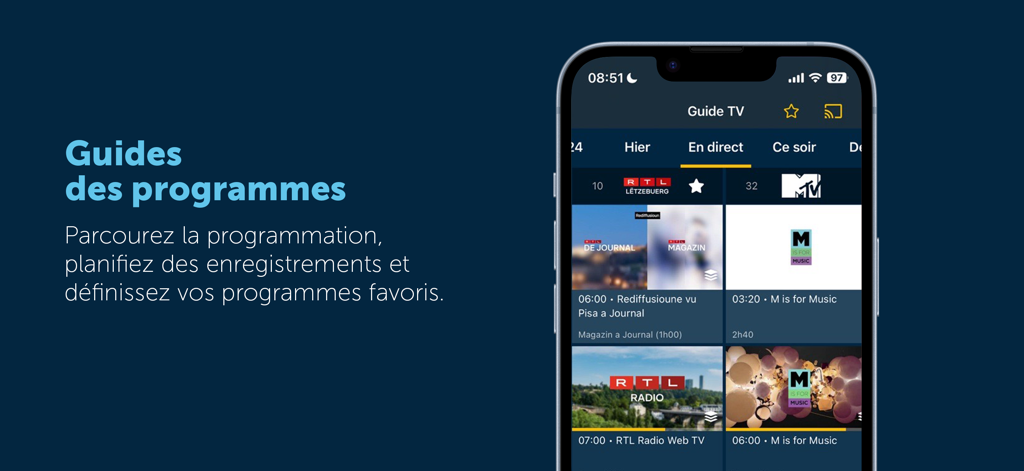 POP TV Go - POP TV Go mobile app showing a live television program guide with channel listings and recording options on an iPhone