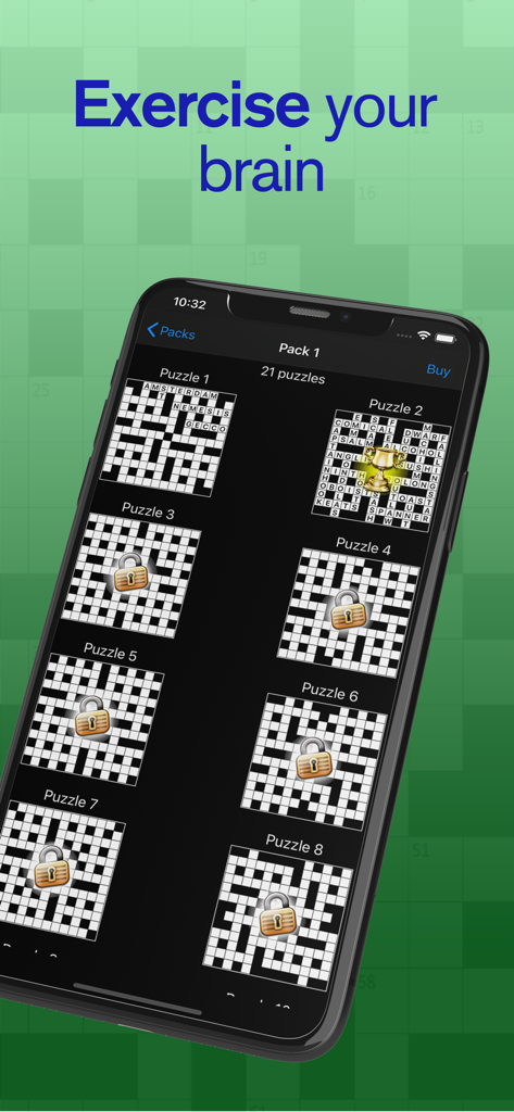 Cryptic Crossword - Smartphone display of a cryptic crossword puzzle pack menu with the heading Exercise your brain.