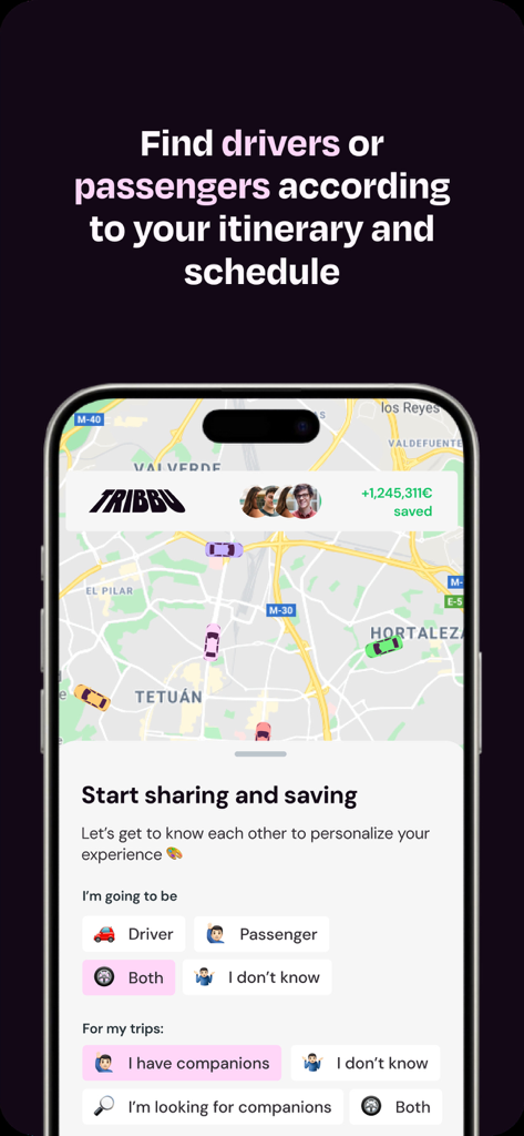 TRIBBU - Carpooling - Aplicación TRIBBU mostrando un mapa con viajes compartidos y opciones para unirse como conductor o pasajero
