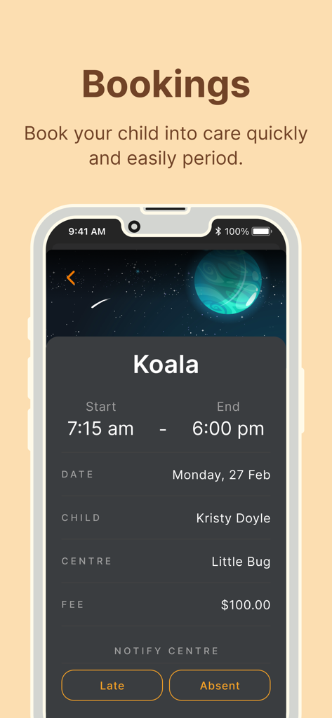 Xplor Home - Xplor Home app childcare booking screen showing session times and fees