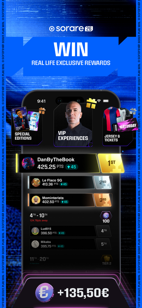 A screenshot of the Sorare app showing the leaderboard rankings and exclusive real world rewards including cash and VIP experiences