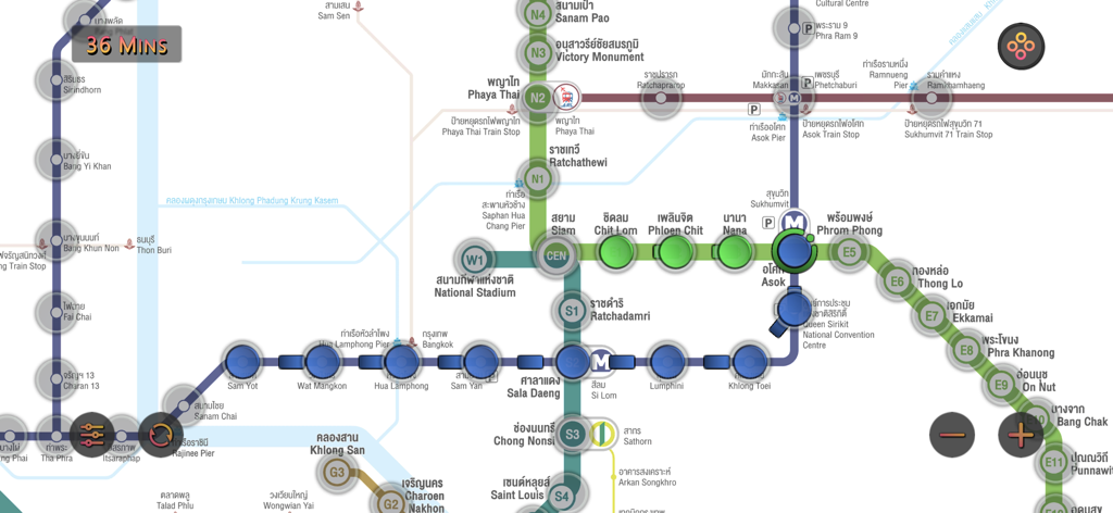 Bangkok MRT BTS Map Route - 예상 소요 시간 36분으로 계산된 경로를 보여주는 방콕 MRT 및 BTS 대중교통 시스템 디지털 지도