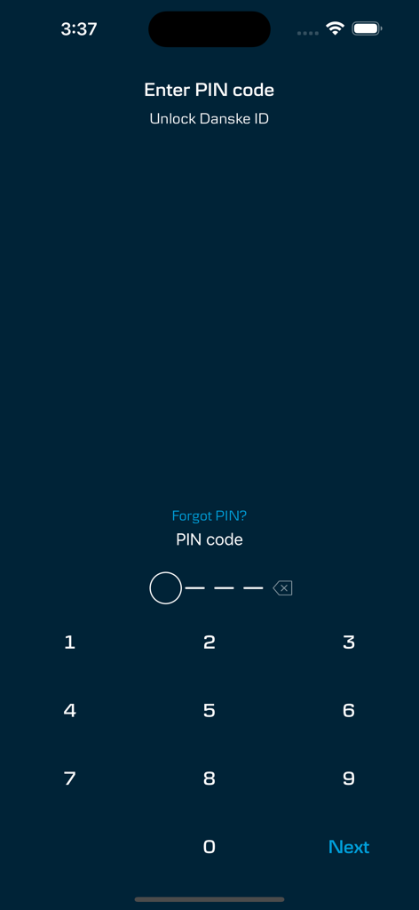 Danske ID - Danske Bank - The PIN entry screen of the Danske ID app for secure authentication
