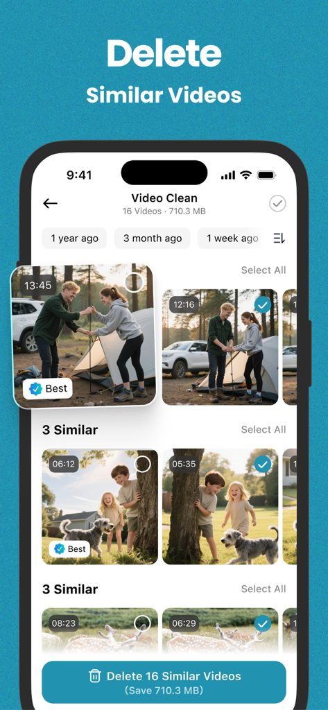 AI Cleaner - Free up Storage - AI Cleaner app interface showing grouped similar videos with a one-tap option to delete duplicates and free up storage space.