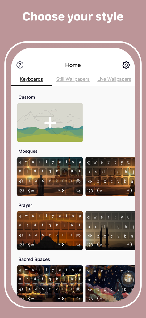 Keyboard+ Fonts & Themes - Pantalla de aplicación móvil mostrando varios temas de teclado, incluyendo opciones personalizadas y diseños de mezquitas