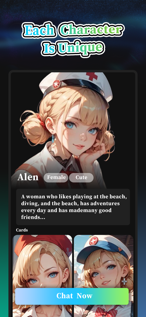 Keily-Create AI Stroy - チャットボタンが付いたユニークな女性キャラクター、Alenの名前を示すKeilyアプリのアニメキャラクタープロフィールのインターフェース