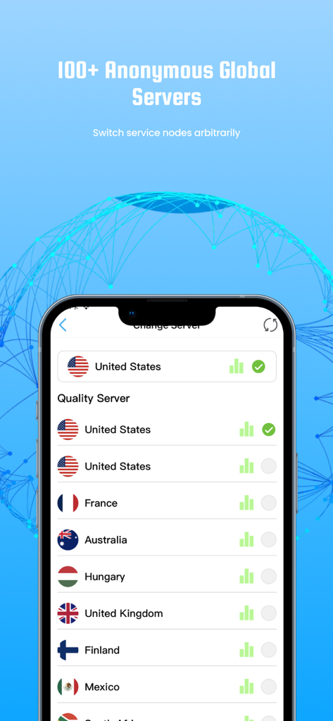 FlashVPN: Fast&Unlimited Proxy - Smartphone screen showing a list of 100+ anonymous global servers in the FlashVPN app including options for United States, France, and Australia.