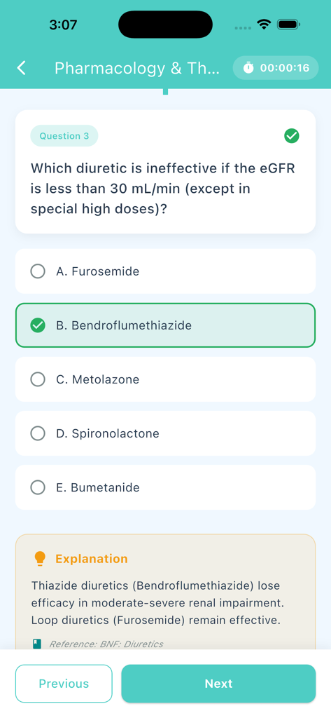 Ireland TCQR MCQ Prep - Ireland TCQR pharmacy exam prep app showing a pharmacology multiple choice question and explanation