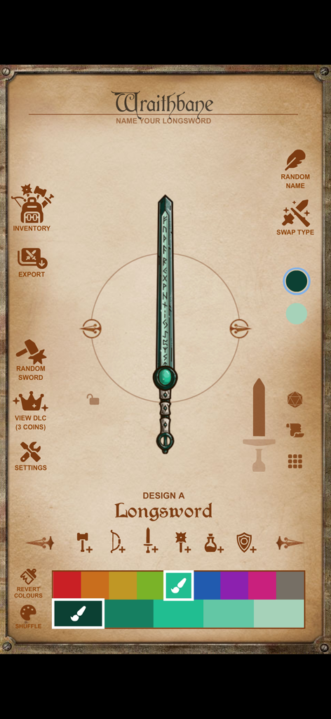 Instant Armory - Customizing a fantasy longsword named Wraithbane in the Instant Armory mobile app interface